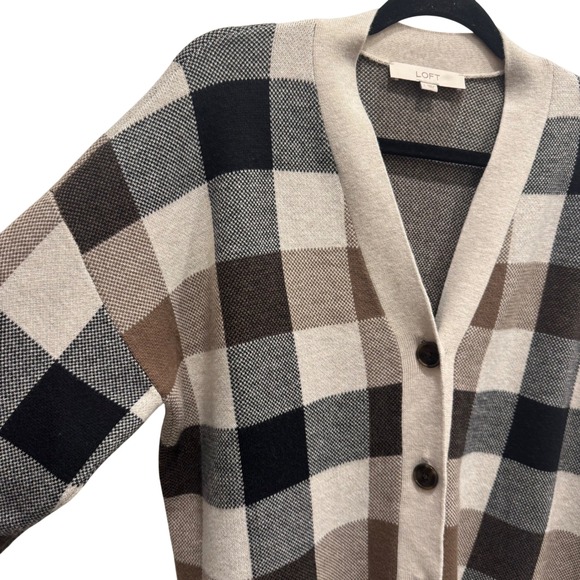 LOFT Plaid Button Front Cardigan Sweater Large Neutral Checkered (Fall 2021) - Picture 2 of 6